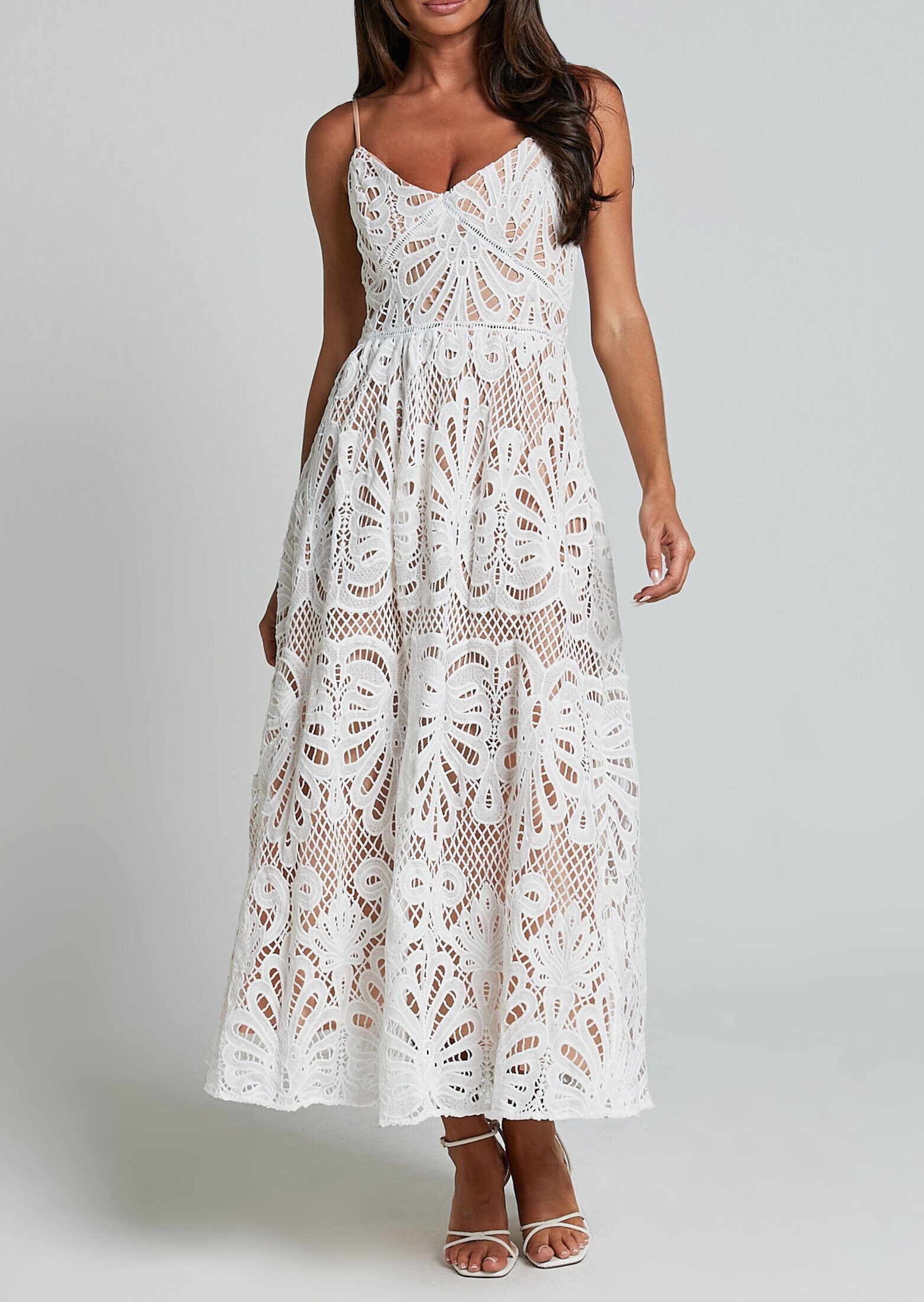 Midi Dress - Strappy A Line Lace Dress in White